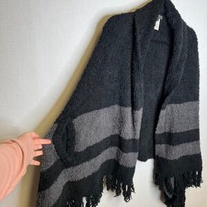 Barefoot Dreams CozyChic Shawl Poncho Cardigan Black Gray‎ Striped One Size